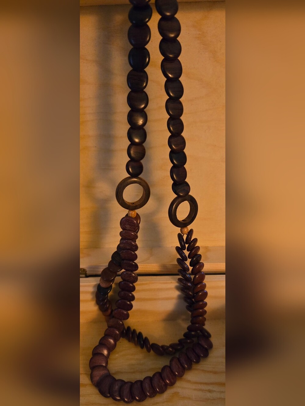 Wooden Beaded Necklace with Loop Accent - Dark Brown